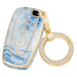 SWEETBOND for Ford Explorer Key Fob Cover 2022, Fashion Key Shell with Diamond Gold Keychain (Blue)