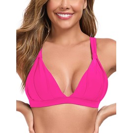 RELLECIGA Women's Triangle Bikini Top V Neck Ruched Bathing Suits, Hot Pink, Medium