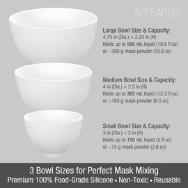 APPEARUS 3-Piece Silicone Face Mask Mixing Bowl Set – Professional Spa Facial Mask Mixing Tool – Flexible, Odor-Free, Microwavable & Dishwasher Safe – Ideal for Skincare & DIY Beauty (White)