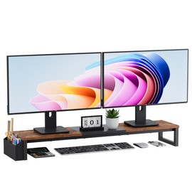 VERSASKY Dual Monitor Stand Riser with Side Storage Pocket, Large Desktop Organizer for 2 Monitors, Wooden Desktop Oraganizer Shelf for Office Desk Computer,Laptop,Screen,Printer,TV, Rustic Brown