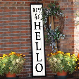 Hey Hi Hello Welcome Sign For Front Porch Standing 45"X9" Rustic Farmhouse Outdoor Large Long Vertical Tall Wood Framed Wall Decor Modren Outside Front Door Sign Home Decoration (Black)