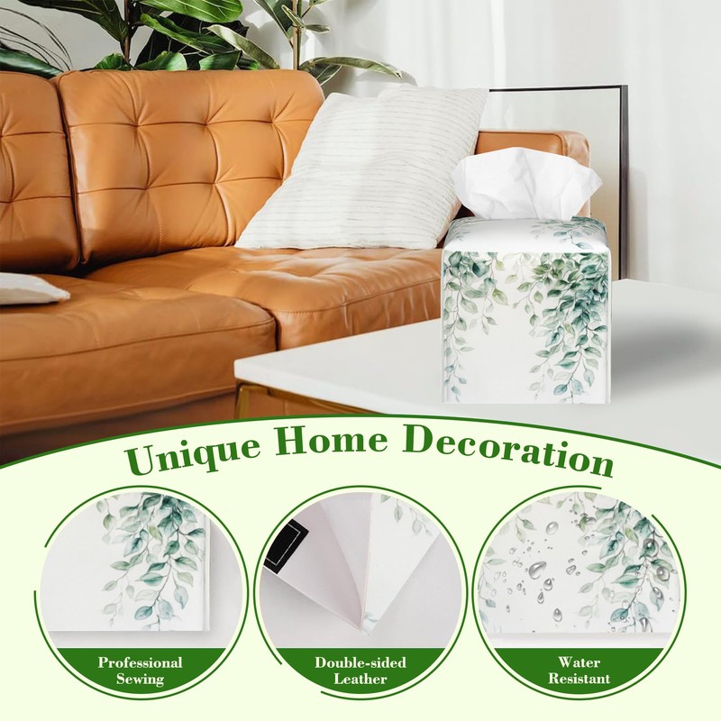 Watercolor Greenery Eucalyptus Leaves Tissue Box Cover Square Leather Tissue