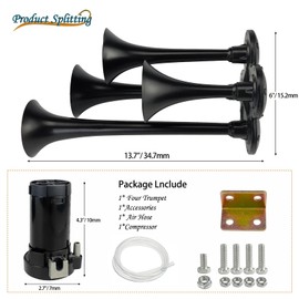 Trumpet Horns Kit,4 Trumpet Horn Kit, 12V 185dB Super Loud Air Horn with Compressor for Trucks, Cars, Pickups, Boats, Lorries & Vehicles – Heavy-Duty Four Trumpet Train Horn Blast