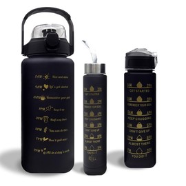 LITTLELAGOON Water Bottle 3 Pc Set with Straw 2L 300ml 900ml | Leak Proof BPA Free Motivational Drinking Bottles with Time Marker | Perfect for Sports School Office Gym Yoga Cycling for Kids Adults