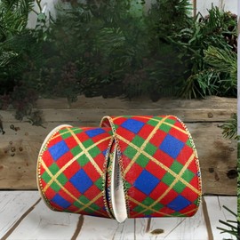 Christmas Nutcracker Plaid Wired Ribbon, 2.5 Inch x 10 Yards, Red Blue Green with Gold Accents, Multicolor