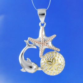 Unique Hawaiian Tri-color Starfish Dolphin Sand Dollar Necklace, Sterling Silver Starfish Pendant, N8555B, Metal, Opal