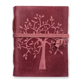 LEATHER VILLAGE Tree of Life Journal - 8"X6" (A5) inches - Fuchsia - 200 Antique Deckle Edge Handmade Paper – Book of Shadows - Vintage Leather Bound Journal for Women & Men