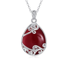 YAFEINI 925 Sterling Silver Red Agate Necklace Filigree Teardrop Pendant Necklace Jewelry for Women Girls (BB-Red Agate Filigree Necklace)