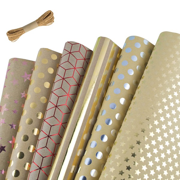 Printed Kraft Wrapping Paper, 6 Sheets Wrapping Paper Birthday for