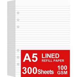 (3 Pack) A5 Lined Paper Refill, 300 Sheets/600 Pages Refill Paper for Large Leather Journal/Filofax Binders, 6 Holes Punched, 100gsm Ruled White Filler Paper, 5.8'' x 8.2''