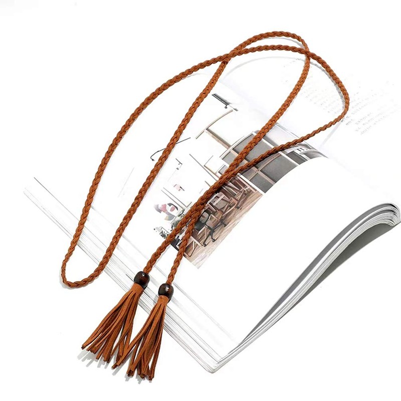 NUREINSS Women Tassel Braided Thin Waist Belt, brown