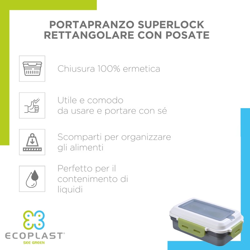 Ecoplast | Porta Pranzo 1200 ml con Forchetta Integrata –