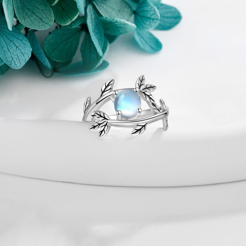 MONGAS Leaf Ring Sterling Silver Moonstone Leaf Ring Adjustable Branch