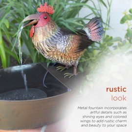 Alpine Corporation NCY296 Outdoor Tabletop Metal Rooster Water Fountain, Vintage Metal Rooster Garden Fountain 20", Brown