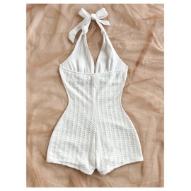 GORGLITTER Women's Bow Halter Shorts Bodysuit Backless Sleeveless V Neck Rompers Open Back One Piece Jumpsuit Unitard White Small