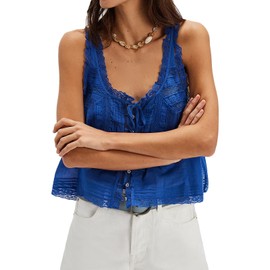 Women Lace Trim Vest Tank Tops Semi Sheer Tie Button Front Crop Y2K Going Out Tops Cute Summer Cami Shirt (US, Alpha, Large, Regular, Regular, Dark Blue)
