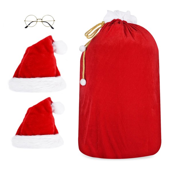 Anstore XXL Velvet Christmas Sack with Golden Cord, Santa Sack 70 x 110 cm, Santa Sack with 2 Christmas Hats in Plush and 1 Santa Glasses, Christmas Gift Bag