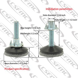 CSFMC Furniture Levelers (1.5" Base x 5/16-18,4 Pack) Threaded Shank Adjust Pads | Table and Chairs Medium Adjustable Legs | Integrated High-Density Felt Pads,T-Nuts Installation and Floor Protection