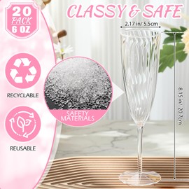 Zopeal 20 Pcs 6 oz Clear Plastic Champagne Flutes Disposable Wine Glasses Plastic Cocktail Glasses with 50 Pcs Bow Decoration 3.5 inches for Weddings Toasting Graduation Party(Pink Bow)