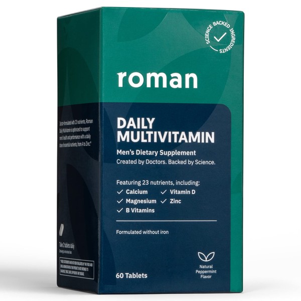 Roman Daily Multivitamin for Men | Supports Physical Activity, Brain + Heart Health, and Immune System with 23 Key Nutrients Including Calcium, Magnesium, and Zinc | 30-Day Supply (60 Tablets)