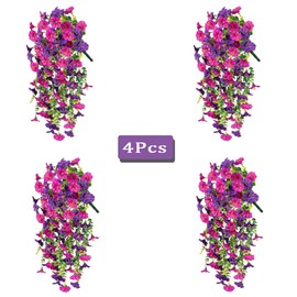 Jasion 4 Bundles Artificial Hanging Flowers Outdoor Realistic Morning Glory Silk Fake Plants UV Resistant for Porch Balcony Fence Decor (Purple&Rose Pink)