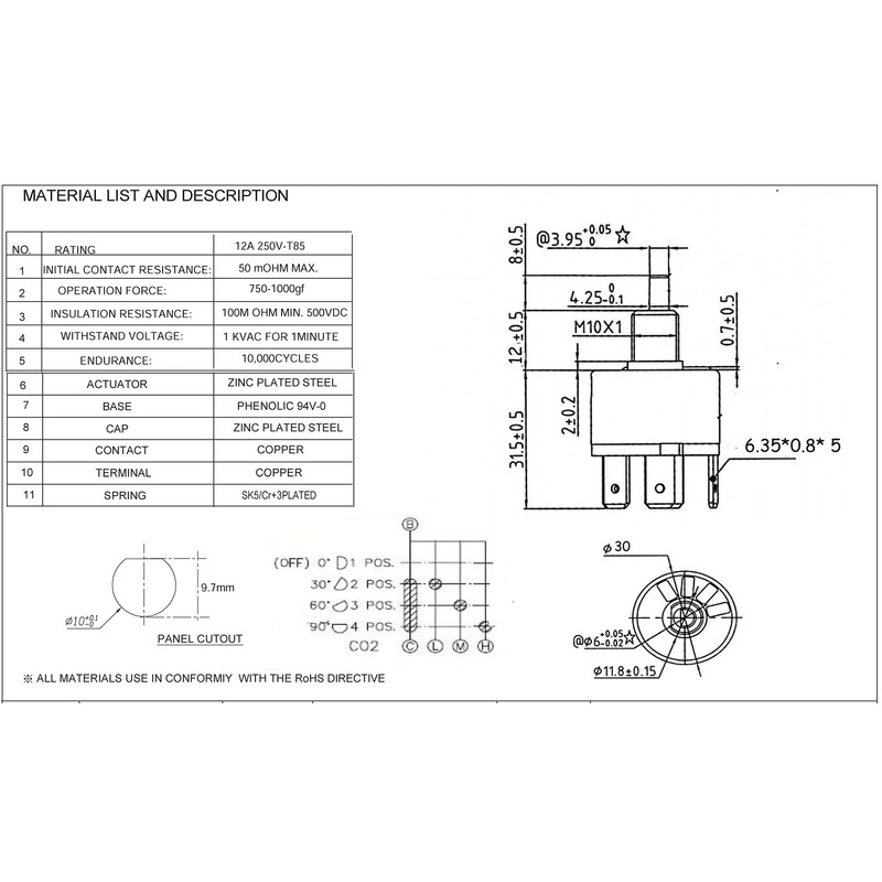 OONO Rotary Switch 4-Position 3-Speed 16A-125V 12A-250V Fan Heater Speed