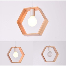 Chrasy Wooden Pendant Lamp Modern Ceiling Light Wood Lampshade Classical Lighting Fixture, E26/E27 Base (Hexagon Shape)
