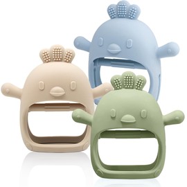 3 Packs Baby Teething Toy Silicone Teething Mitten for Babies Over 3 Months Anti Dropping Wrist Hand Teethers Baby Chew Toys for Sucking Needs, BPA Free (Olive, Caramel & Blue)
