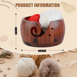 Wooden Yarn Bowl,Crochet Bowl with Lid,Knitting Yarn Bowls with Holes, Yarn Storage Bowl Handmade Craft for DIY Knitting Crocheting (Red with Lid)
