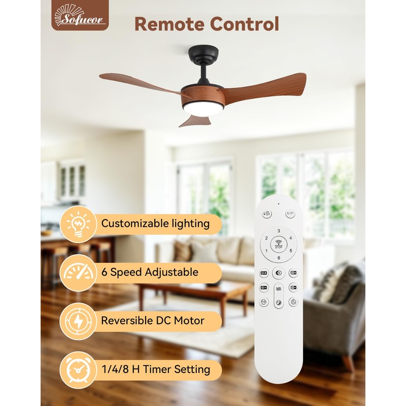 Sofucor 42 Inch Ceiling Fans with Lights-Modern Brown Small Bedroom