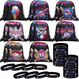 Equsion 32 Pcs Baseball Party Favors Set 16 Baseball Ice Cream Drawstring Goodie Bags 16 Silicone Wristband Respect the Drip Snack Treat Candy Bags Motivational Bracelet Sports Birthday Party Supplies