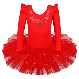 BAOHULU Ballet Leotards for Girls Full Skirted Dance Tutu Dress Party Costumes B185_DiamondRed_XXL, Sleeved Diamond Red, 6-7 Years