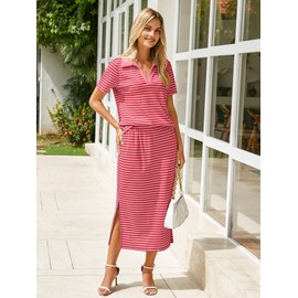 Glamaker Two Piece Sets for Women Summer Short Sleeve 2 Piece Skirt Sets Striped Matching Lounge Sets (Red Pink S)