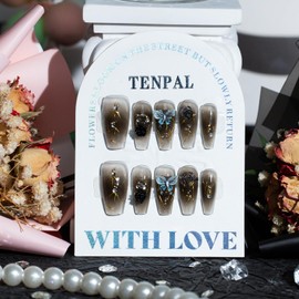 TENPAL Coffin Press on Nails Medium Gradient Dark Acrylic False Nails With 3D Butterfly Flower 10ps/Box Handmade Fake Nails With Glue Y2k Sweet Cool Girls Artificial Nails For Women Girls(L)