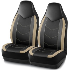PIC AUTO Leather Car Seat Covers, Sports Carbon Fiber & Mesh Design, High-Back Two Front Set, Waterproof Automotive Seat Covers, Airbag Compatible, Universal Fit for Most Cars (Black & Beige)