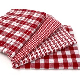 Set of 4 Fat Quarters, Perfect Red & White Assorted Plaid Gingham Homespun Cotton Fabric Bundle by JCS