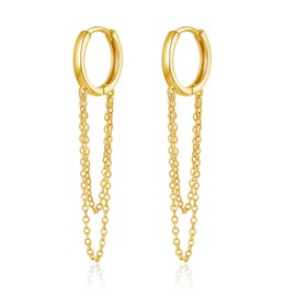 Zolkamery Silver Hoop Earrings for Women, 925 Sterling Silver Earrings Hanging with Two Tassel Chain, Hypoallergenic Huggie Hoop Earrings Set, Hoop Earrings Dangle Earrings with Gift Box, Yellow Gold,