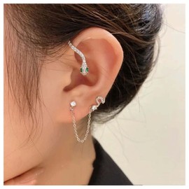 Allereya Vintage Snake Chain Stud Earring Crystal Snake Ear Cuff with Chain Earrings Rhinestone Snake Ear Wrap Earrings Punk Silver Snake Ear Climber Earrings Jewelry for Women and Girls