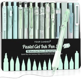 Four Candies Gel-Tintenstift-Set, 14-teiliges Stift-Set mit Etui, niedliche Notizen, 0,5 mm feine Spitze, einziehbar, 12 schwarze Tintenstifte mit 2 Textmarkern(Grün)