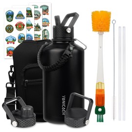 YONICOER Insulated Water Bottle 87oz,Triple Wall Vacuum Stainless Steel(Dishwasher Safe),Leak Proof & Non-BPA,Flask Jug with Paracord Handle & Straw Spout Lids Sports Black