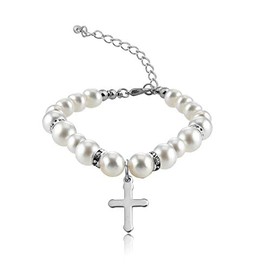 Zuo Bao Christening Gift Pearl Bracelet with Cross for First Communion Baptism Jewelry Communion Gift for Godmother Goddaughter Religious Jewelry (pearl bracelet)