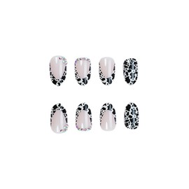 SINHOT Almond Press on Nails Medium Fake Nails Glossy Glue on Nails Cow Print Acrylic Nails Rhinestones Stiletto Artificial Nails French Tip Stick on False Nails with Design 24 pcs