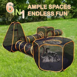 Outdoor Indoor Cat Enclosure Playpen, 6 in 1 Portable Foldable Pop Up Pet Tent Tunnel Catio Play House for Outside with Bag, Enclosed Patio Balcony Yard Play Pen Kitten Small Dog Puppy Rabbit