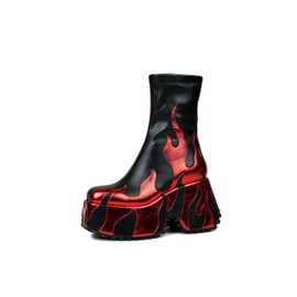 HiColor Women's Red Flames Printing Chunky Sole Ankle-High Boots, Size 8 (US), Zip Closure, Round Toe, Platform Heel