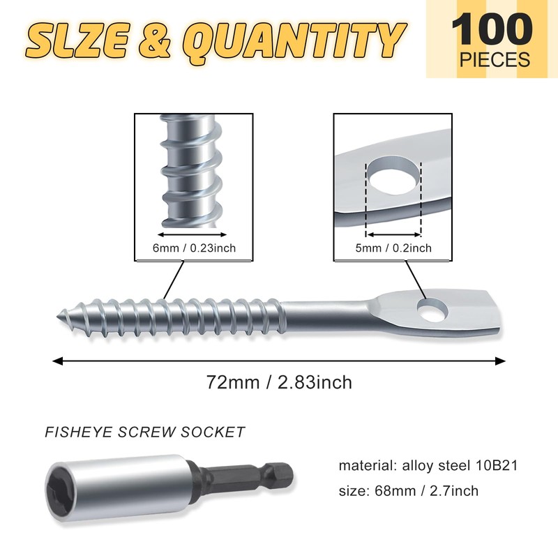 aokansha 100Pack Eye Lag Screws for Wood 2" Eye Lag