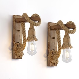 KEESFU Wall Sconce Set of 2, Farmhouse Wood & Hemp Rope Wall Mount Light Fixture, Rustic Light Fixtures for Bedroom Entryway Hallway Living Room.