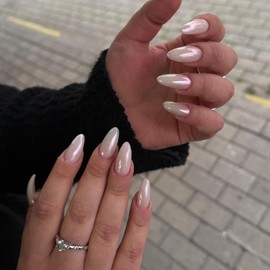 SXVME White Chrome Press On Nails Almond - Summer Press On Nails Medium Stiletto, Glazed Donut Milky White Fake Nails with Glue, Fit Perfectly, Reusable Shiny Soft Gel Stick on Nails for Women, 24 Pcs