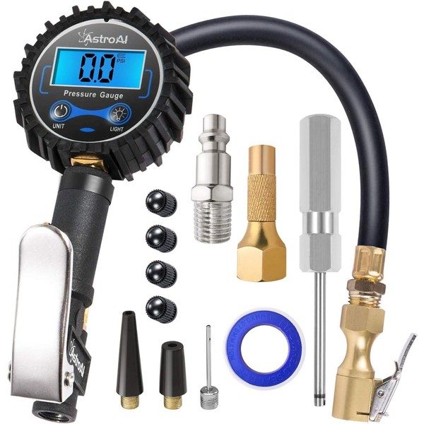 AstroAI Digital Tire Pressure Gauge with Inflator(3-250 PSI for 0.1 Display Resolution), Heavy Duty Air Chuck and Compressor Accessories with Rubber Hose and Quick Connect Coupler Car Accessories.