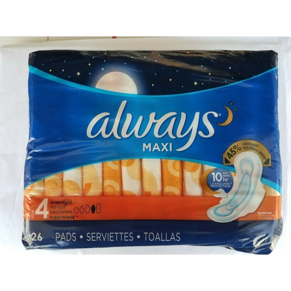 Always Maxi Overnight 26 Pads 45% Larger Back Flexi-Wings 10 hr Leakguard Protec