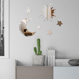 9PCS Decorative Wall Stickers,Silver Acrylic Stars Decals,Sun & Moon Decals Wall DIY Home Art Decor Wall Sticker Murals for Bedroom, Living Room, Baby Nursery Room Home Wall Decors
